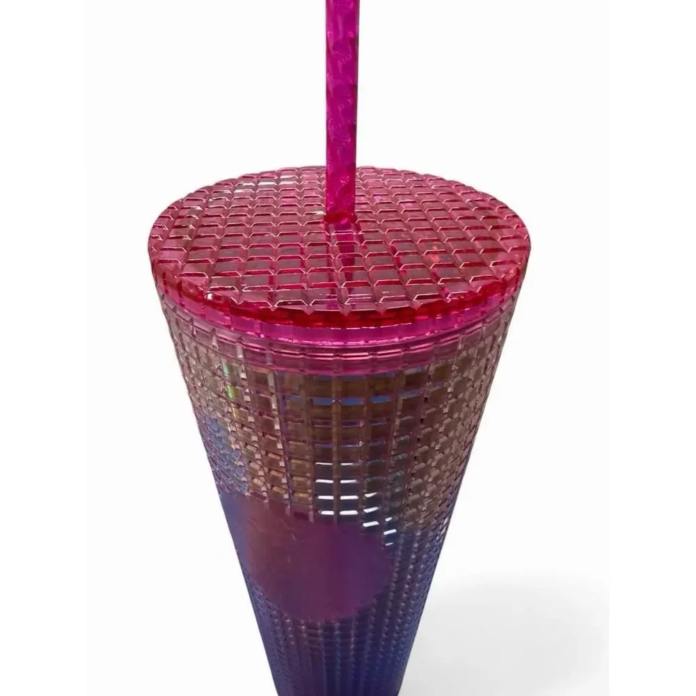 Starbucks 2023 Grid Bubblegum Gradient Pink Silver Iridescent Tumbler Cup 24 oz